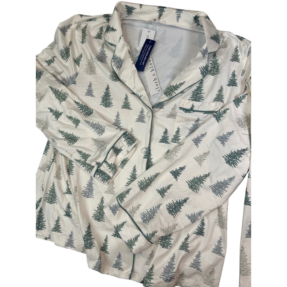 Cloth & Bloom Off-White Green Pine Tree Pajama Set CBSET16DTY Large NWT
